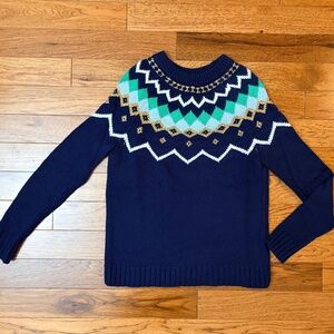 J.Crew Fair Isle Crew Neck Sweater Navy Green Gold Knit Size XXS